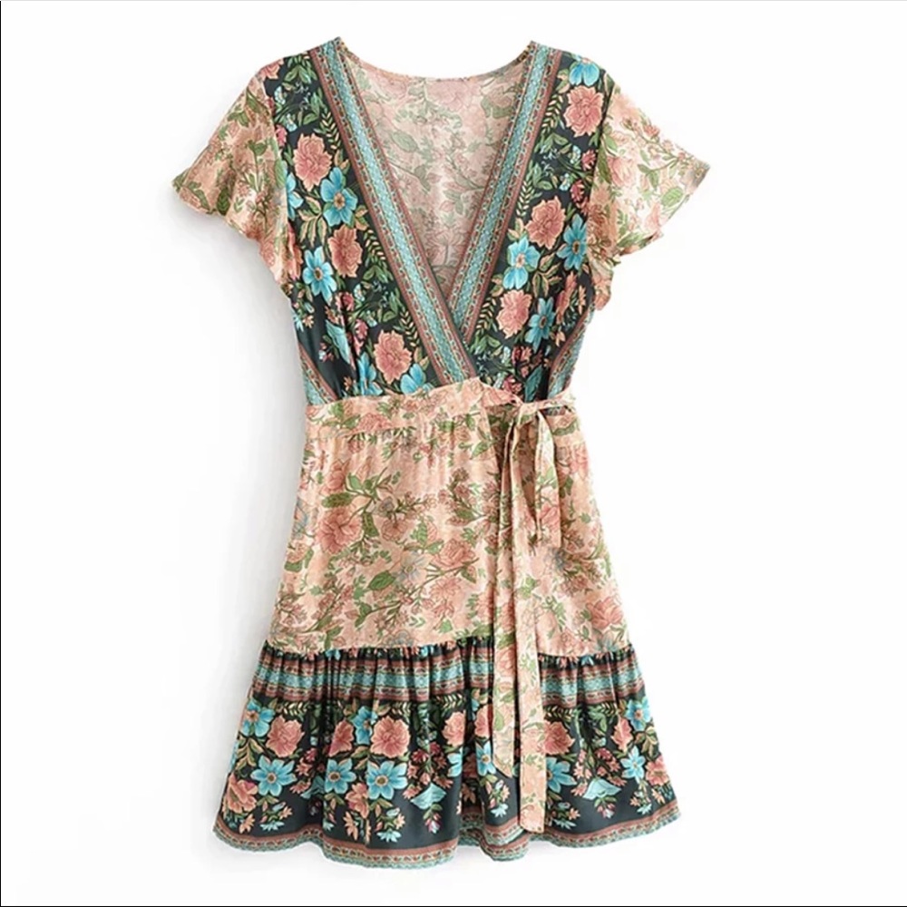 Boho Gypsy Meadow Floral Wrap Mini Play Dress L tie tunic wildflower free spirit